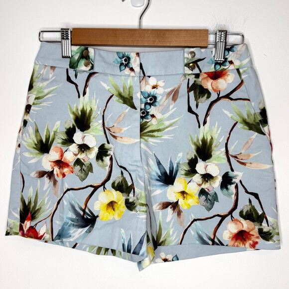 ZARA Floral High Rise Three Inch Inseam Shorts In Light Blue Size Medium - Picture 1 of 11